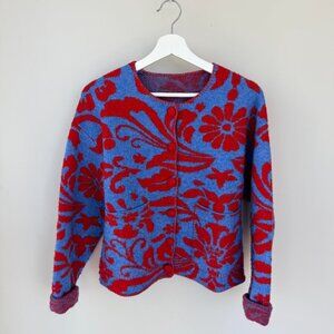 Blue red floral knit cardigan